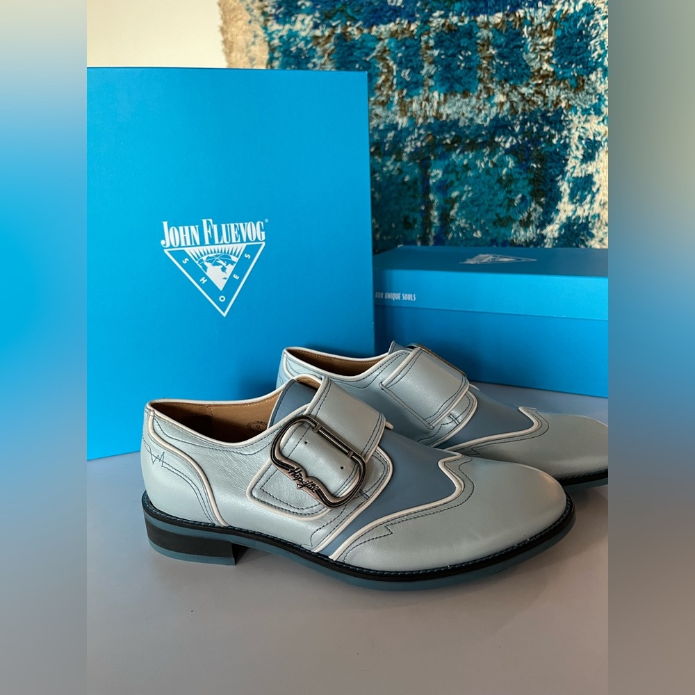 Fluevog Sea Angels Carus 9 Blue Buckled Loafers